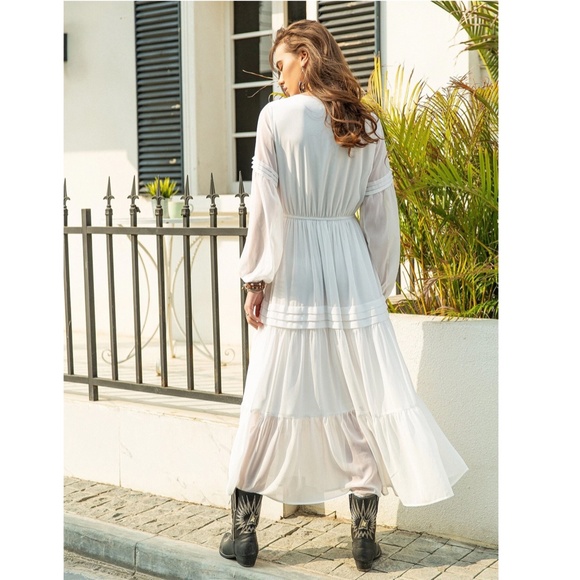 White Bohemian Maxi Dress Chiffon Neck Ties Long Sleeve Ruffle Hem Flowy - Picture 4 of 10